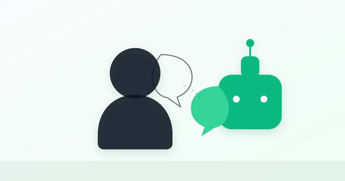 Тёмный силуэт человека ведёт диалог с зелёным ботом-роботом: между ними два пузырька речи, соединённые пунктирной линией